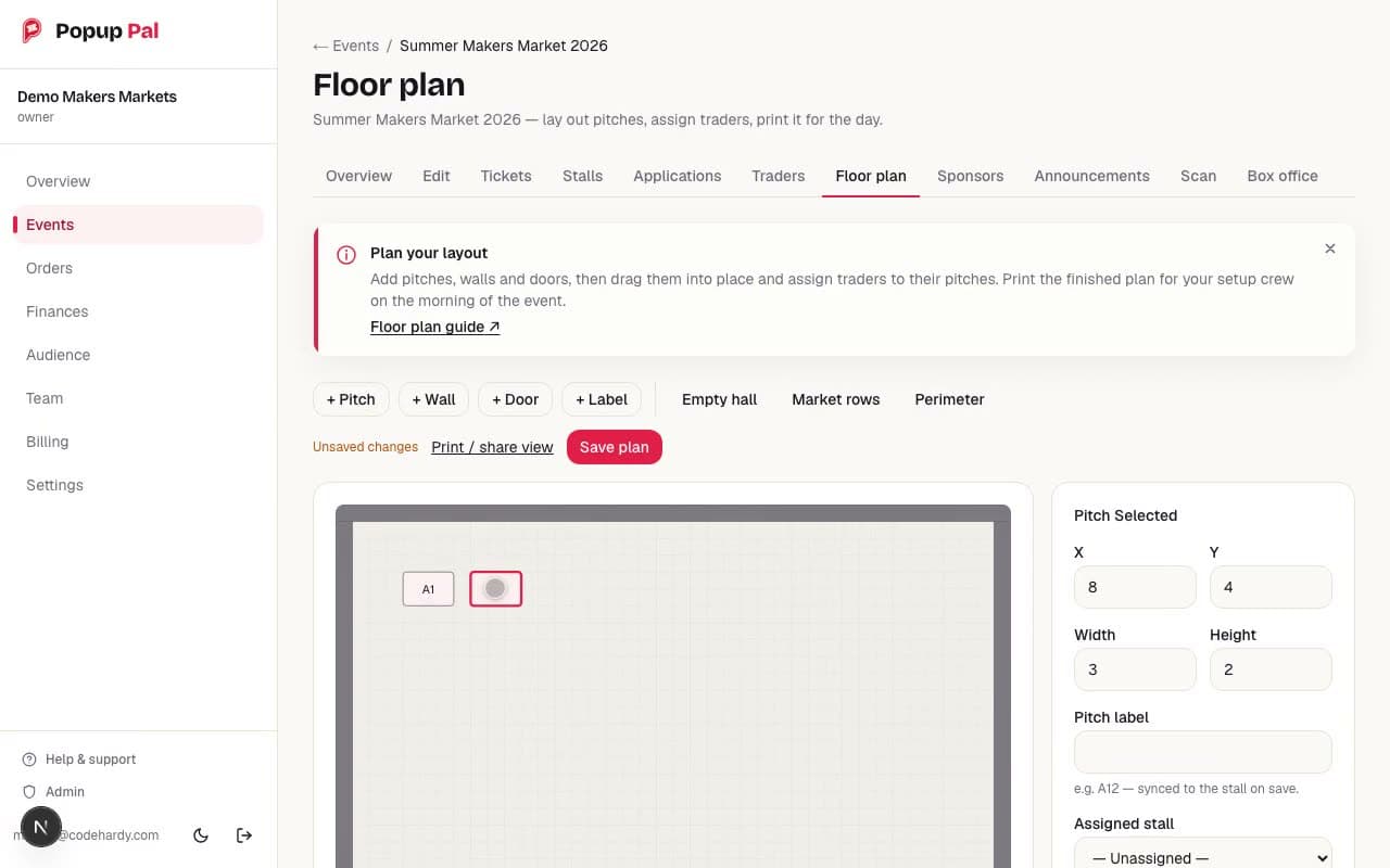 The Popup Pal floor-plan editor: pitches, walls and doors drawn on a real hall layout